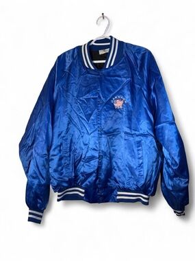 Vintage auburn sportswear Blue Satin Bomber Jacket with Striped Trim